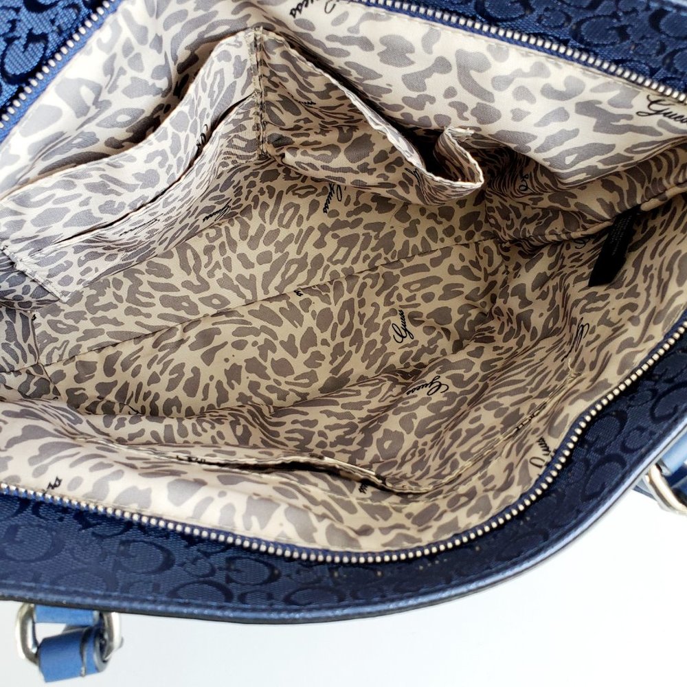 Authentic Classic Y2K GUESS Monogram Tote Cobalt Blue Glossy Silver Accents - Picture 7 of 8